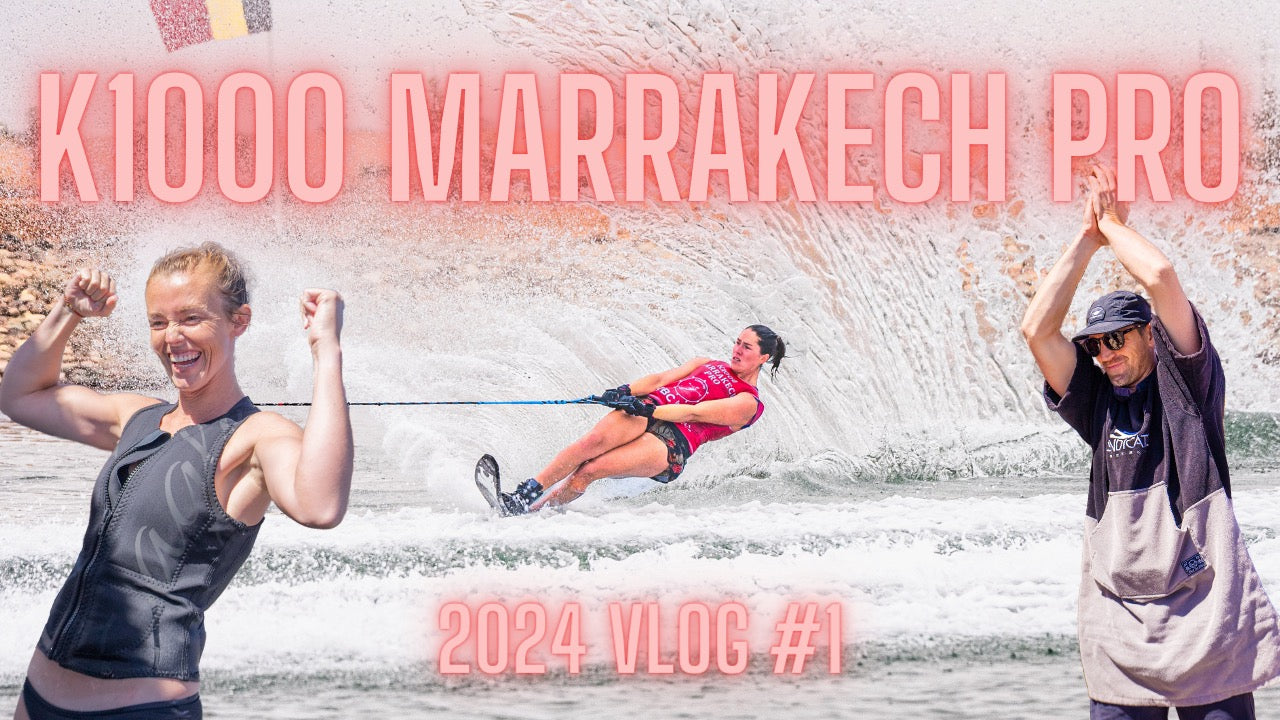 Water skier in a red vest carving a turn, with bold pink text overlaying the image.