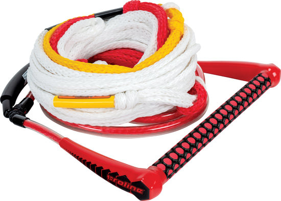 Coiled red, white, and yellow mainline with the Easy-Up Deep V handle, featuring a black and red textured EVA grip.