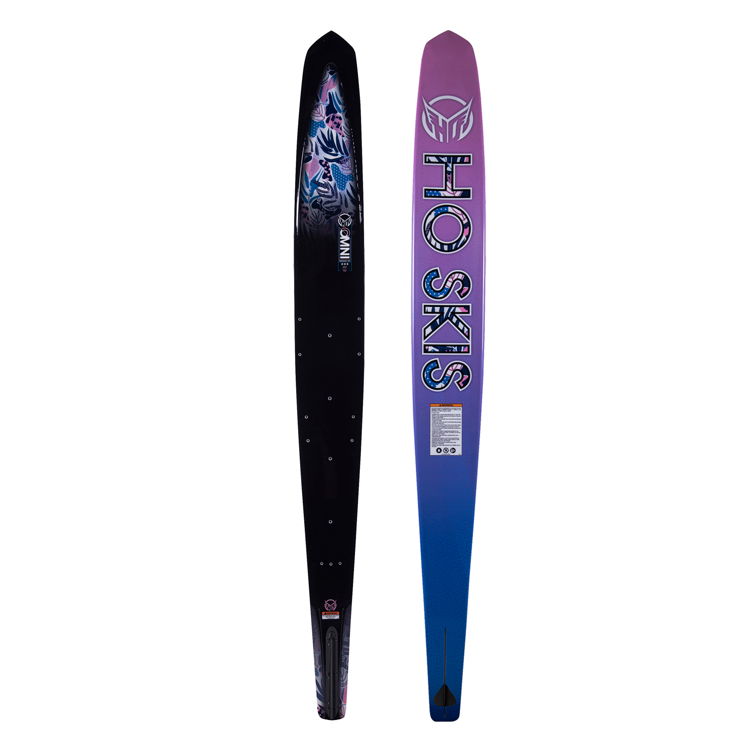 Side-by-side view of Womens Omni 2023 ski with a black top featuring blue floral accents and a purple-to-blue base.