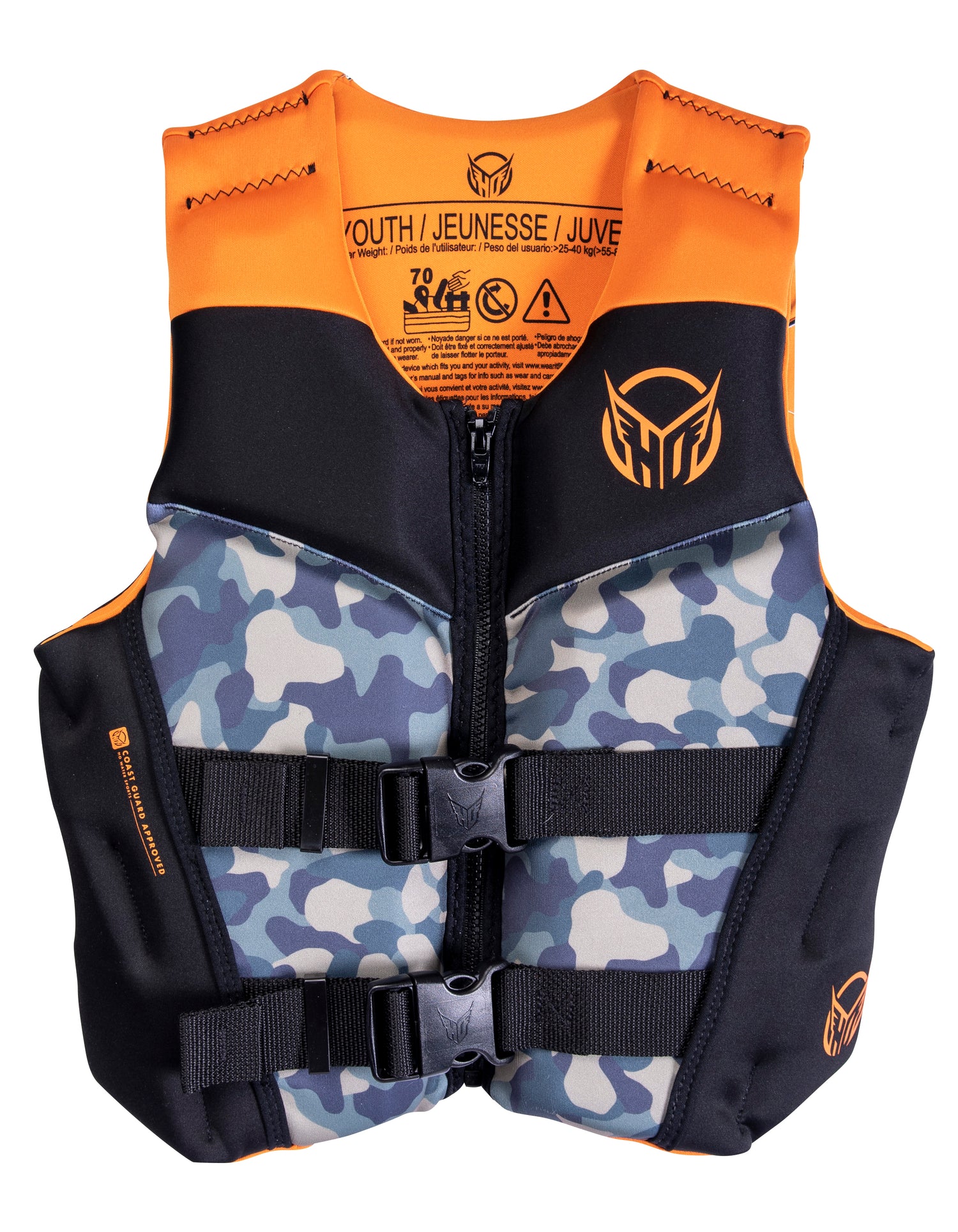 Front view of Boys Youth Pursuit life vest with a blue camo pattern, black straps, and orange accents.