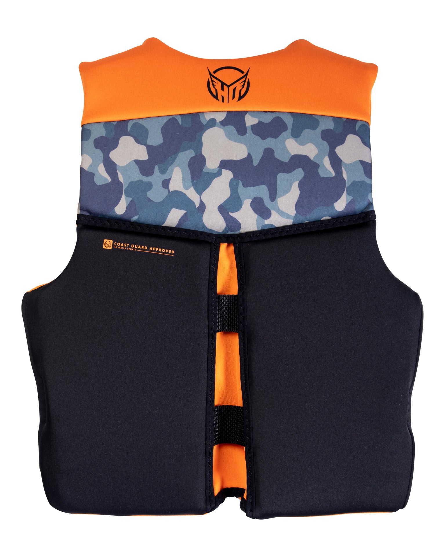 Back view of Boys Youth Pursuit life vest showing blue camo and orange accents, with a high back design.