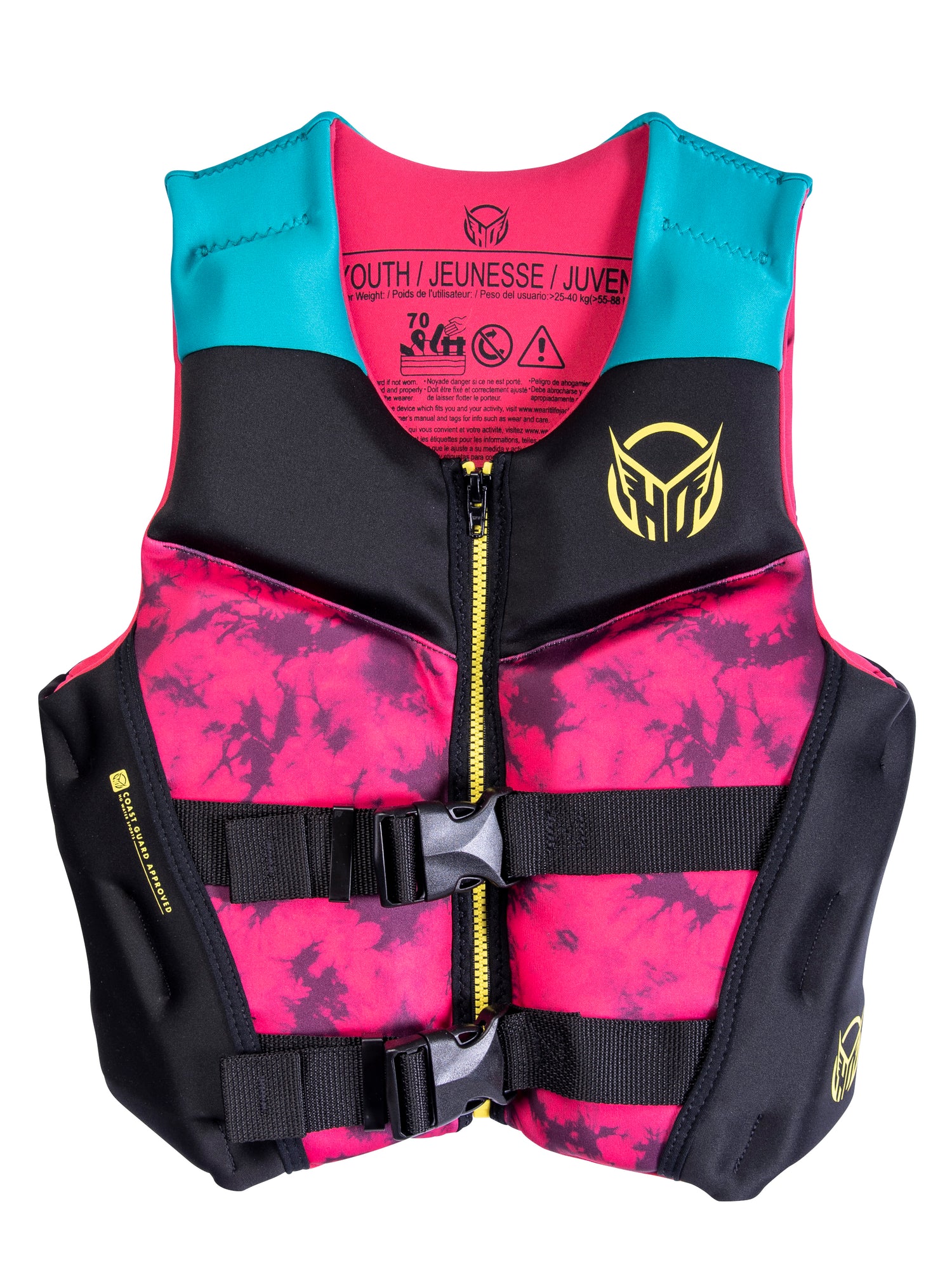 Front view of the Girls Youth Pursuit life vest in pink and black with teal accents, featuring buckles and a zipper.