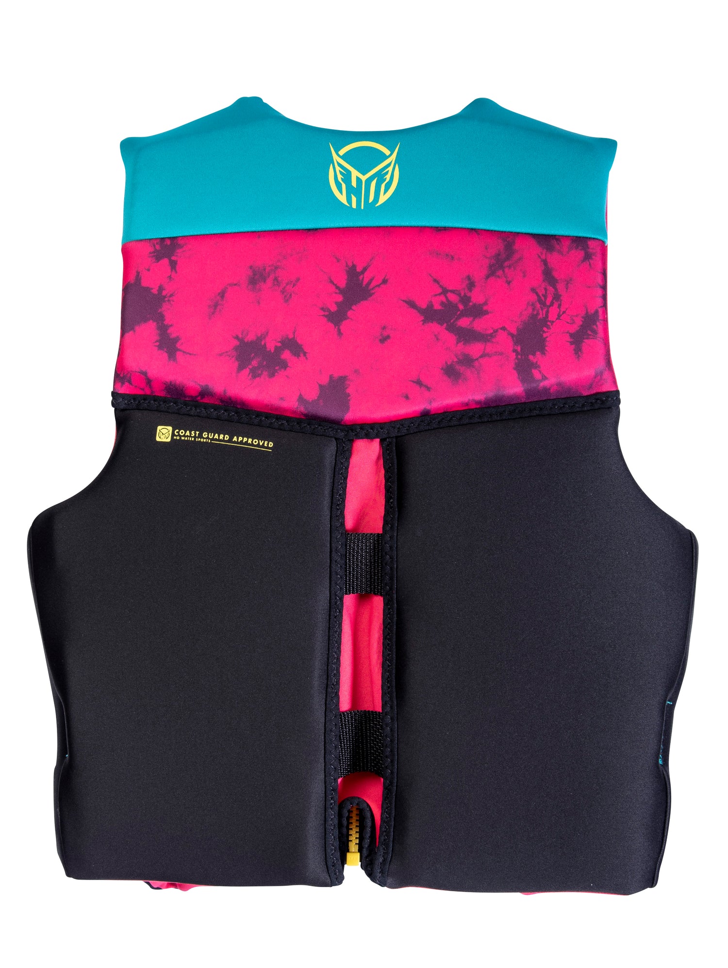 Back view of the Girls Youth Pursuit life vest in pink and black with teal accents, showcasing the HO Sports logo.