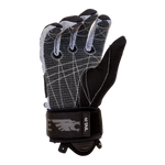 Palm view of the 41 Tail Glove, featuring a black and gray textured grip with white stitching and open finger gussets.