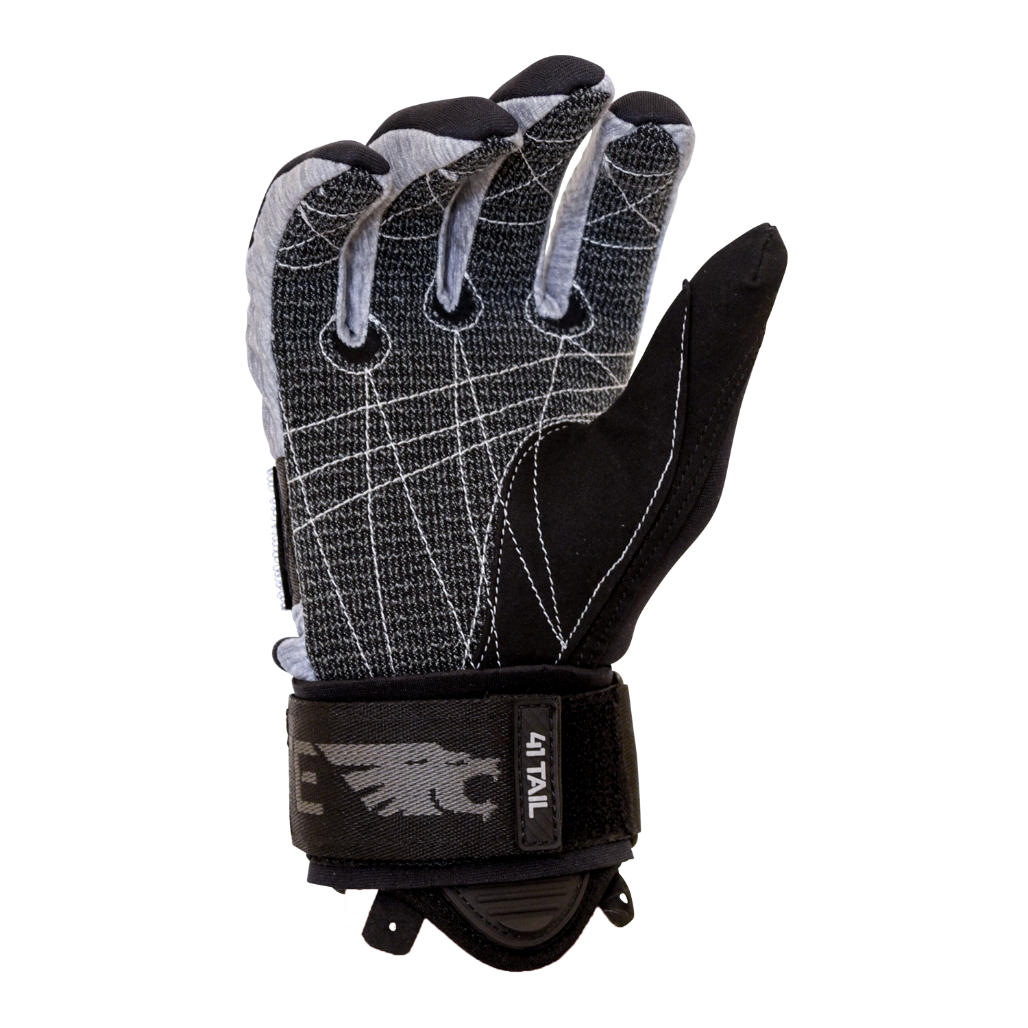 Palm view of the 41 Tail Glove, featuring a black and gray textured grip with white stitching and open finger gussets.