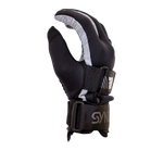 Side view of the 41 Tail Glove, a black and gray water ski glove with a curved design, wrist strap, and Syndicate branding.