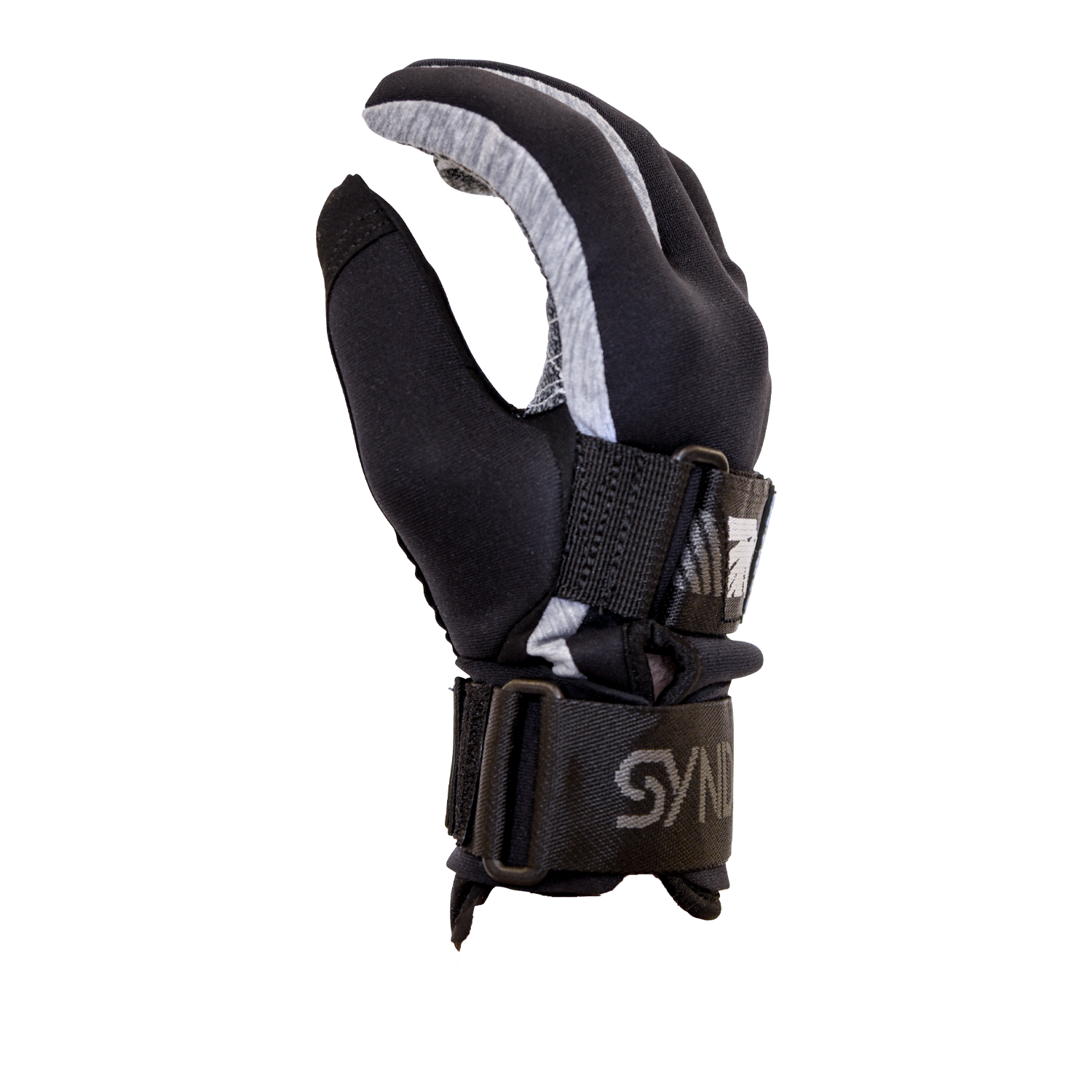 Side view of the 41 Tail Glove, a black and gray water ski glove with a curved design, wrist strap, and Syndicate branding.