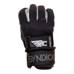 Front view of the 41 Tail Glove, a black water ski glove with reinforced stitching, a wrist strap, and Syndicate logo.