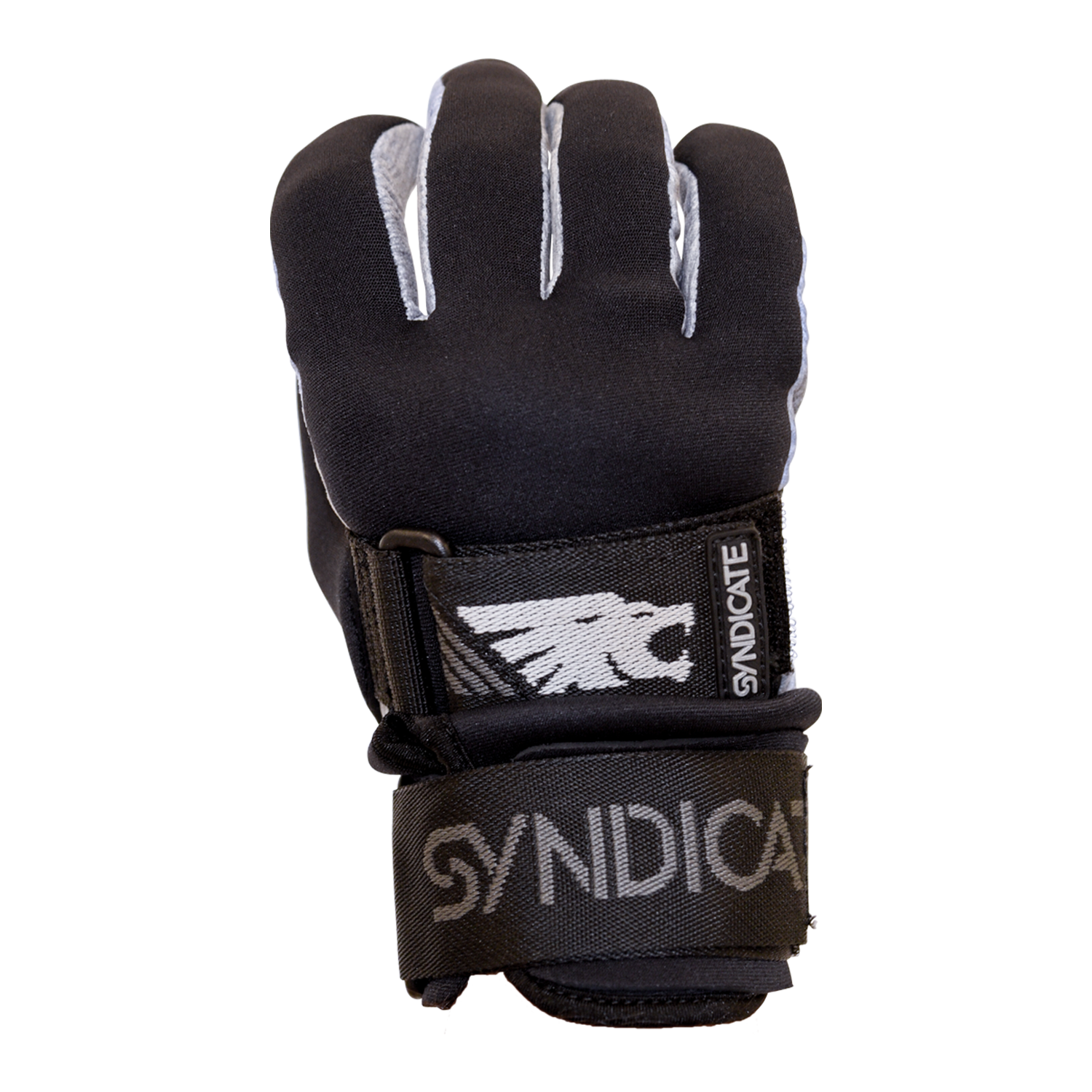 Front view of the 41 Tail Glove, a black water ski glove with reinforced stitching, a wrist strap, and Syndicate logo.