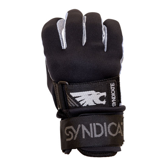 Front view of the 41 Tail Glove, a black water ski glove with reinforced stitching, a wrist strap, and Syndicate logo.