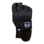 Back view of Men's World Cup Glove in black with a hexagonal pattern, white logo, covered fingers, and a wrist strap.