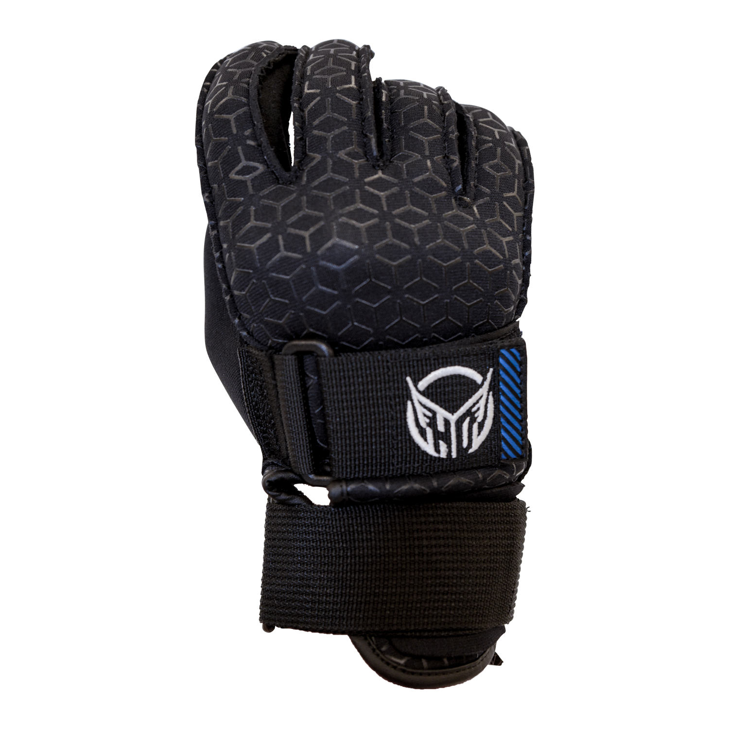 Back view of Men's World Cup Glove in black with a hexagonal pattern, white logo, covered fingers, and a wrist strap.