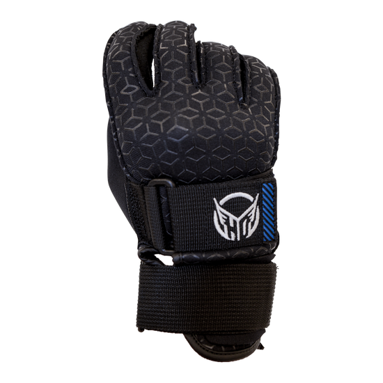 Back view of Men's World Cup Glove in black with a hexagonal pattern, white logo, covered fingers, and a wrist strap.