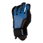 Palm view of Men's World Cup Glove in blue and black with white stitching, open fingers, and an adjustable wrist strap.