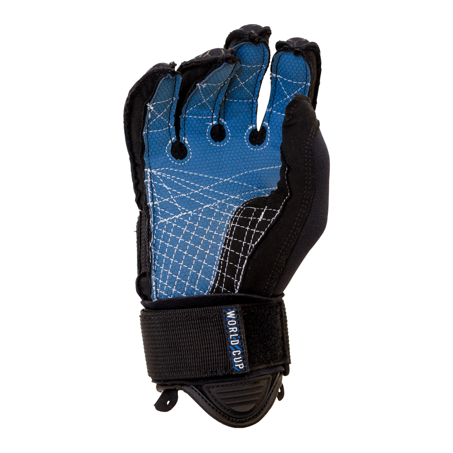 Palm view of Men's World Cup Glove in blue and black with white stitching, open fingers, and an adjustable wrist strap.