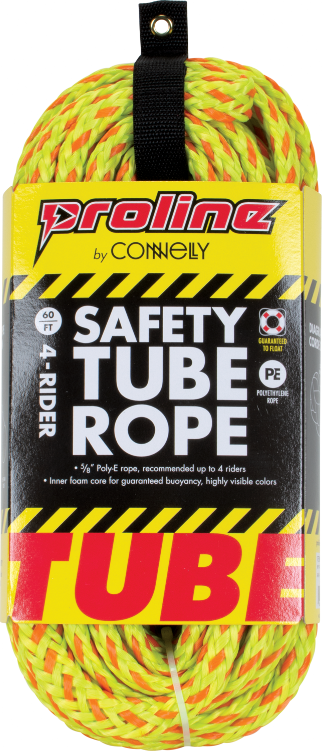 Packaged 60 ft 4-Rider Safety Tube Rope with bright yellow and orange braided design, labeled for up to four riders.