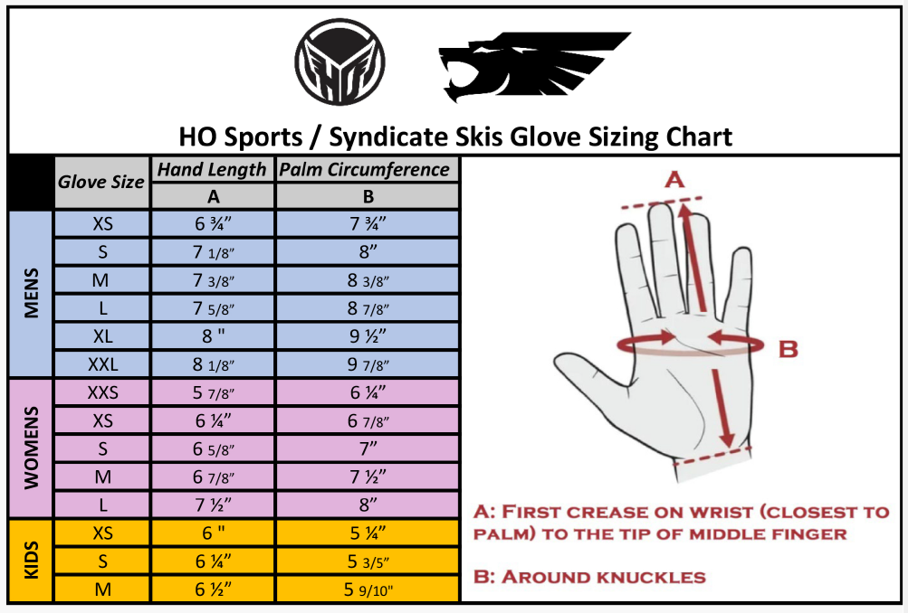 A sizing chart displaying glove sizes for men's, women's, and kids' gloves, listing hand length and palm circumference.