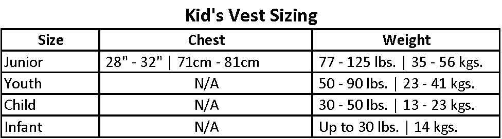 Kid’s vest sizing chart displaying chest and weight ranges for Junior, Youth, Child, and Infant sizes.