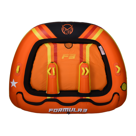 Top view of the Formula 3 towable tube in orange, yellow, and black with three seating areas and padded handles.