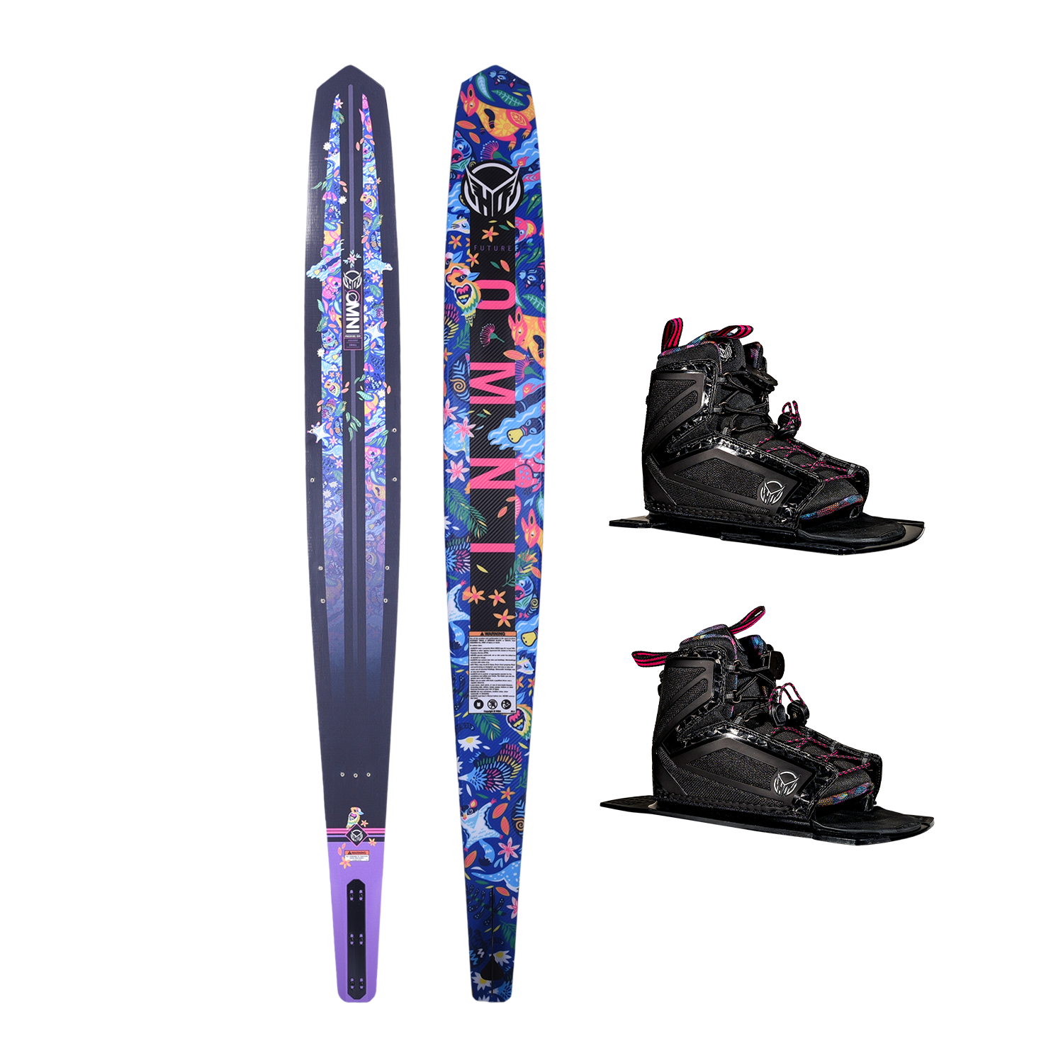 Top and base of the Future OMNI - Jungle waterski with tropical colors and patterns, shown with Double Stance 110 Boots.