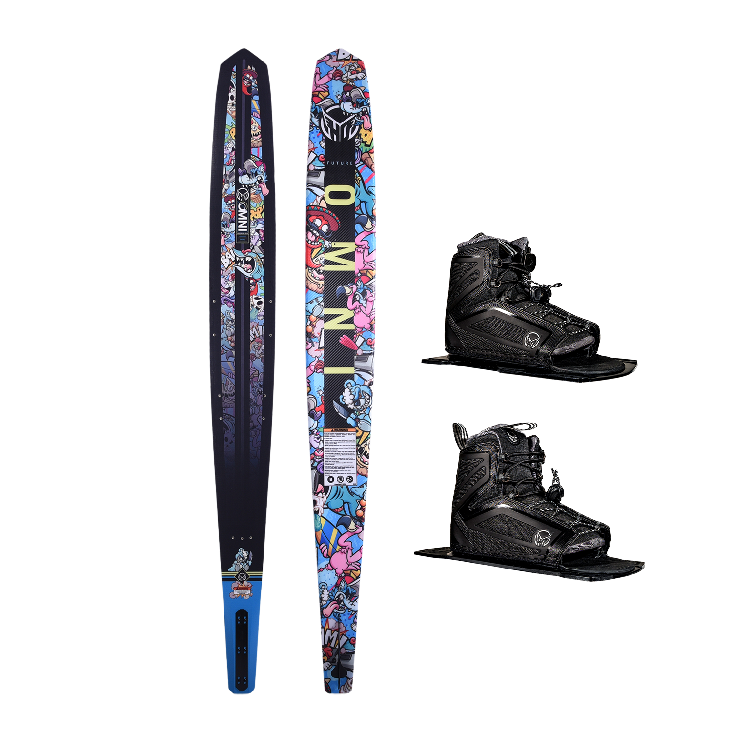 Top and base of the Future OMNI - Wacky Toons waterski with vibrant cartoon graphics, shown with Double Stance 110 Boots.