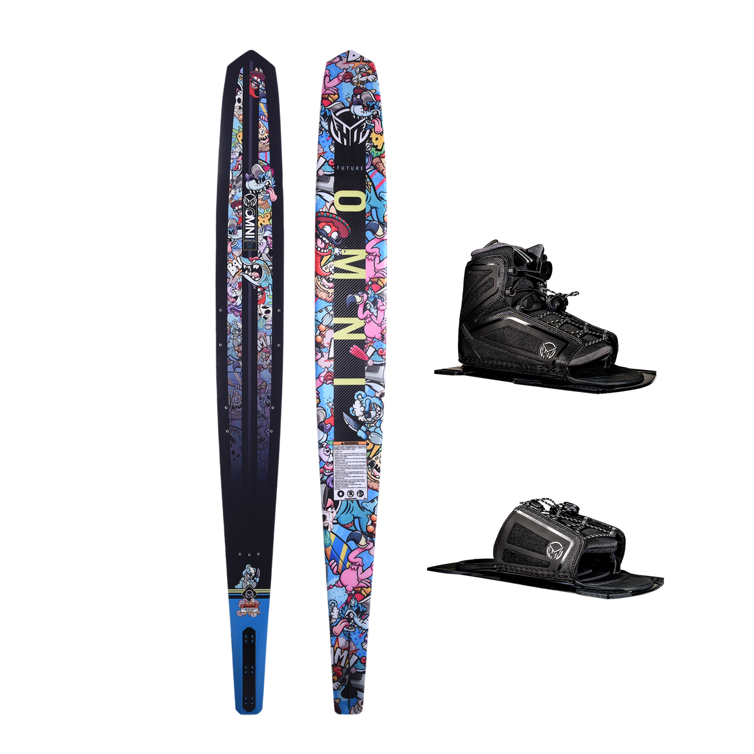 Top and base of the Future OMNI - Wacky Toons waterski's vibrant cartoon graphics, shown with Stance 110 Front Boot and RTP.