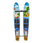 Top view of Hot Shot Trainers 2025, featuring a colorful pirate-themed design with adjustable bindings and a stabilizer bar.