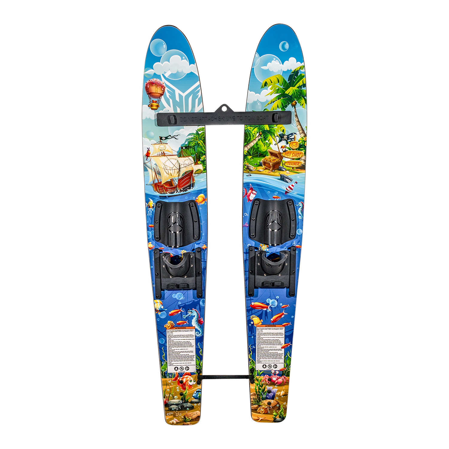 Top view of Hot Shot Trainers 2025, featuring a colorful pirate-themed design with adjustable bindings and a stabilizer bar.