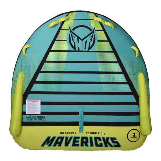 Top view of the Mavericks 3 towable tube in teal and yellow with six handles and space for three riders.