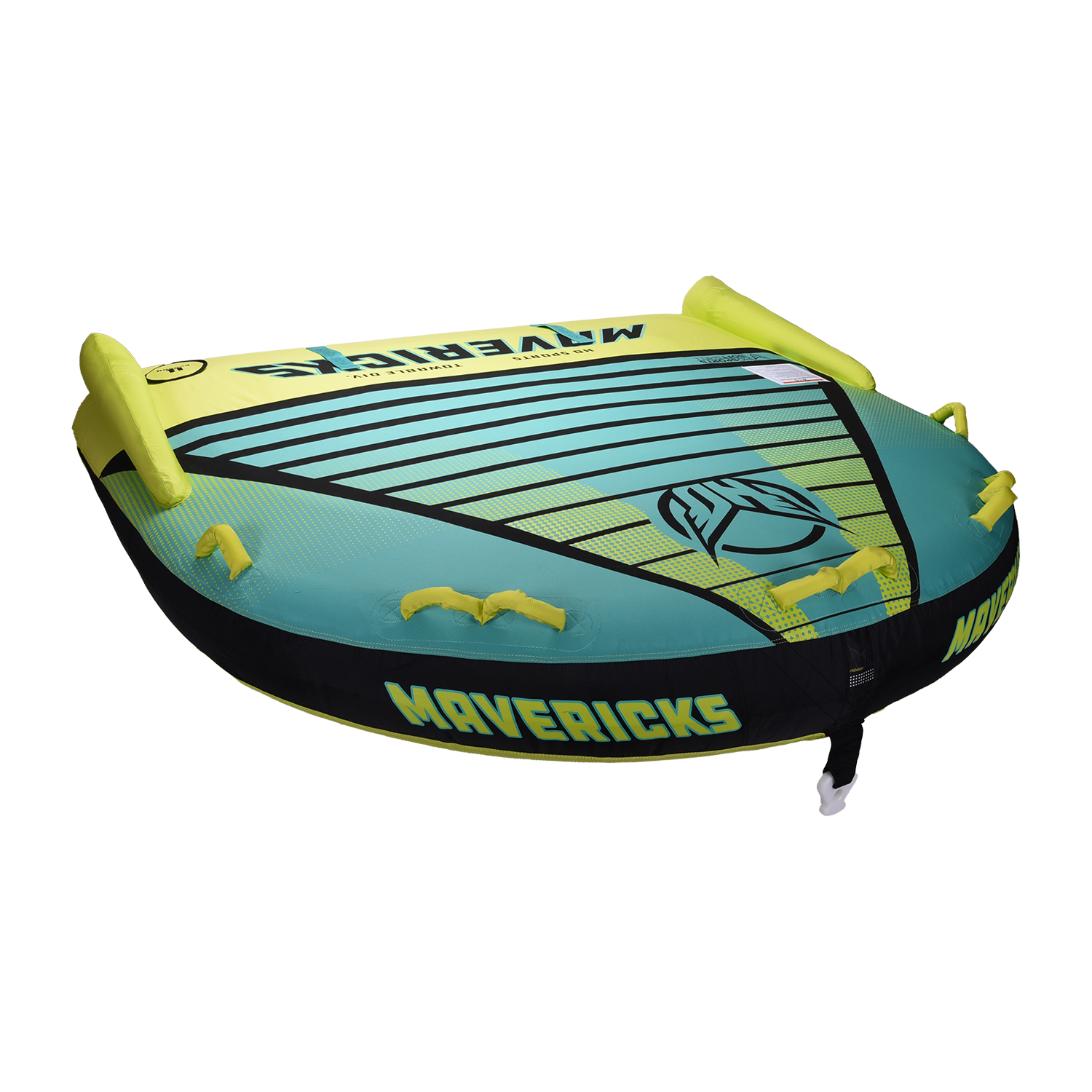 Angled view of the Mavericks 4 towable tube in teal and yellow with eight handles and seating for four riders.