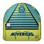 Top view of the Mavericks 4 towable tube in teal and yellow with eight handles and seating for four riders.