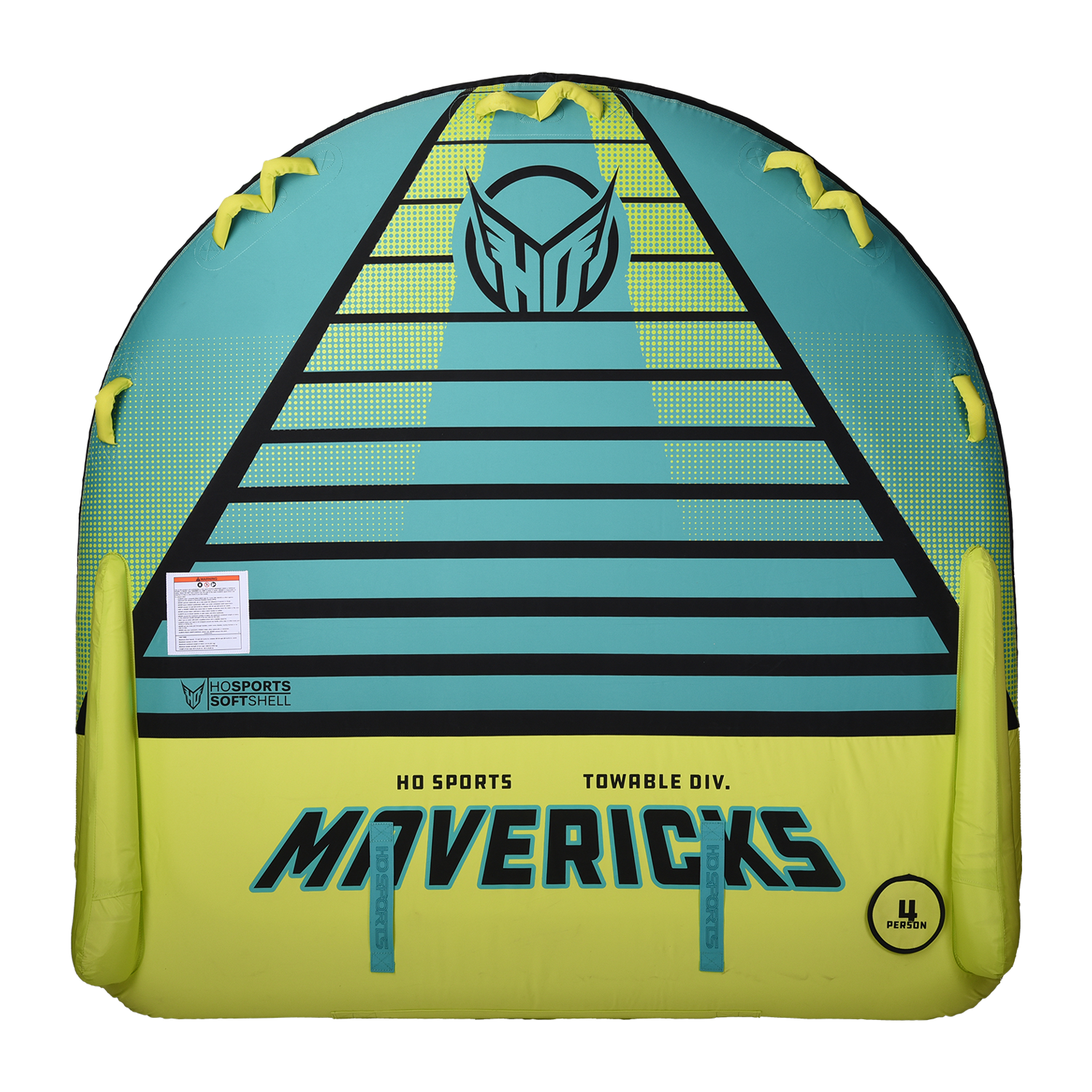 Top view of the Mavericks 4 towable tube in teal and yellow with eight handles and seating for four riders.