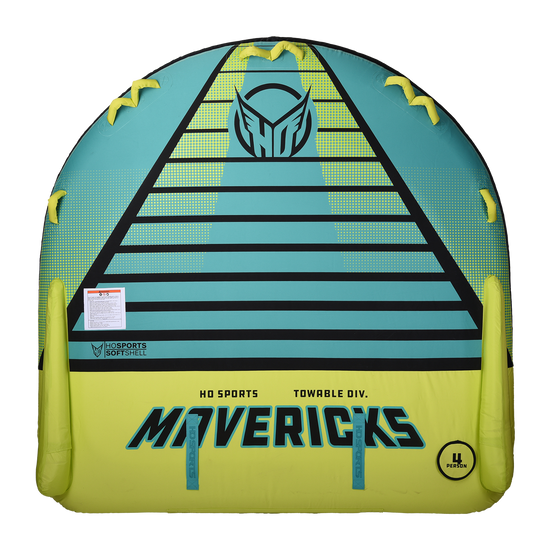 Top view of the Mavericks 4 towable tube in teal and yellow with eight handles and seating for four riders.