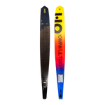 Top and base view of Omni Ultra Black waterski showing the yellow, red, and blue gradient base design and the dark top.