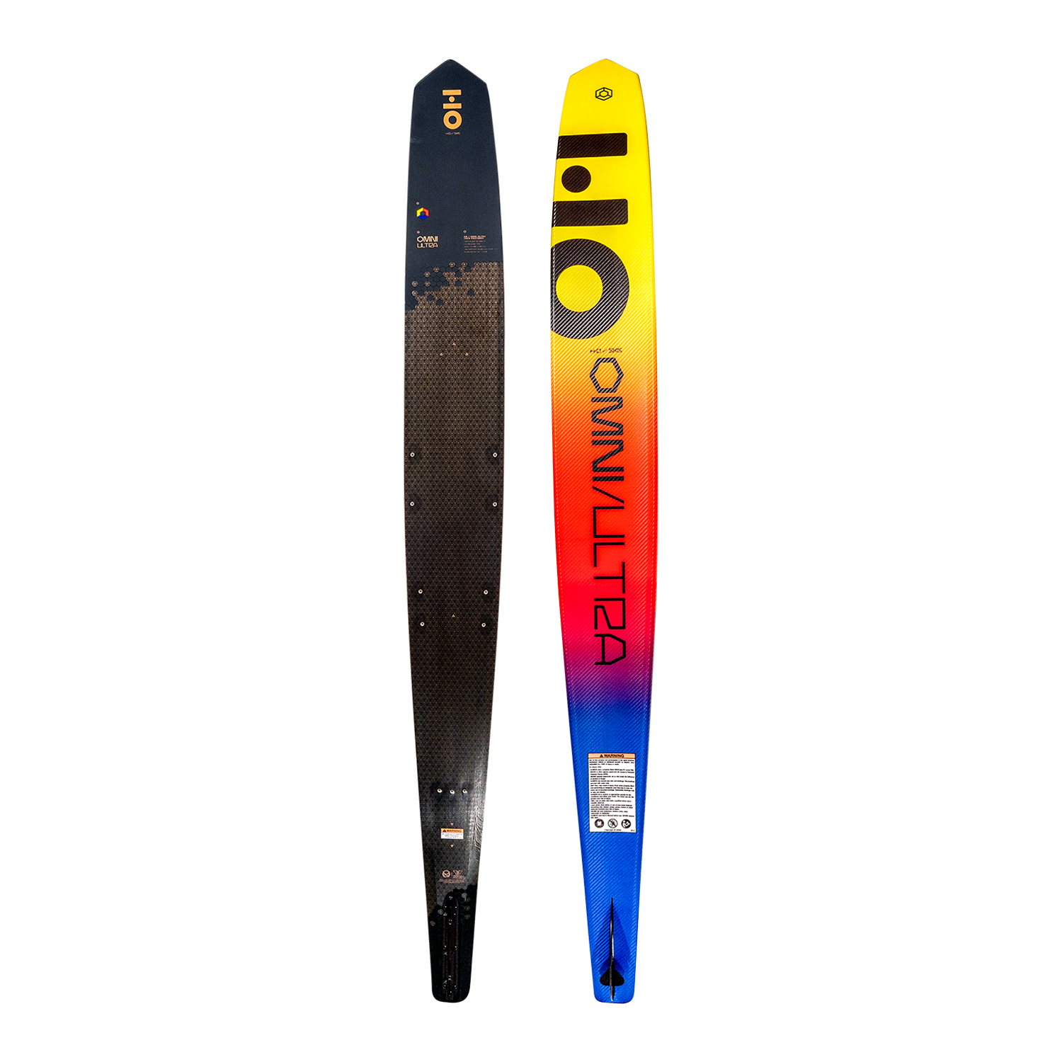 Top and base view of Omni Ultra Black waterski showing the yellow, red, and blue gradient base design and the dark top.