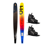 Side-by-side view of Omni Ultra Black waterski with a gradient yellow-to-blue design and two black Stance 130 boots.