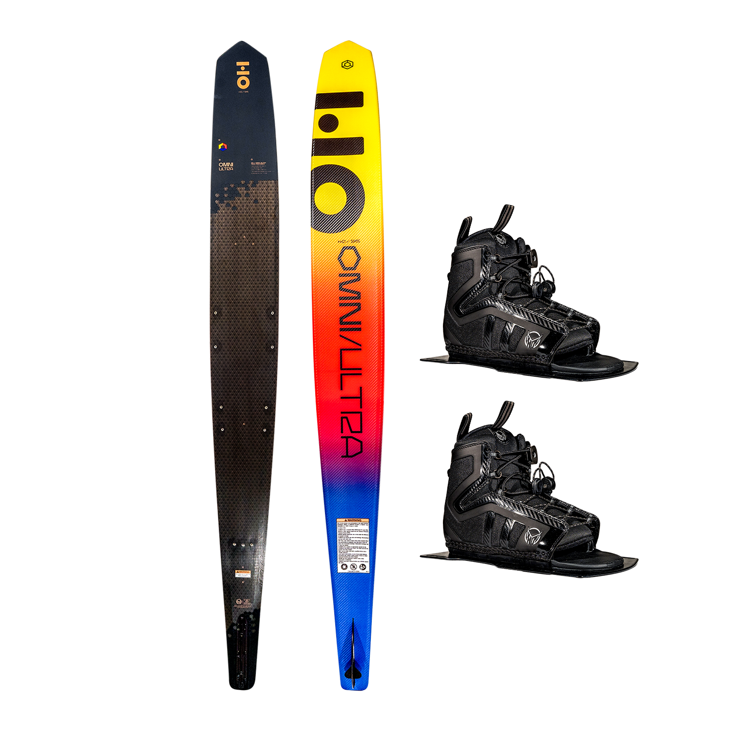 Side-by-side view of Omni Ultra Black waterski with a gradient yellow-to-blue design and two black Stance 130 boots.