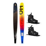 Side-by-side view of Omni Ultra Black waterski with gradient yellow, red, to blue design and two black Stance 130 ATOP boots.