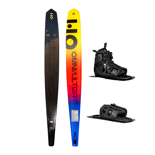 Side-by-side view of Omni Ultra Black waterski with yellow, red, to blue gradient, Stance ATOP 130 Front boot and ARTP.