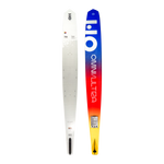 Top and base view of Omni Ultra White waterski showing the colorful base design with branding and the sleek white top.