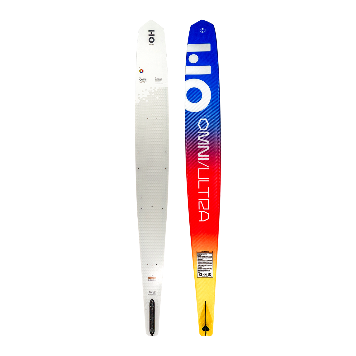 Top and base view of Omni Ultra White waterski showing the colorful base design with branding and the sleek white top.