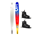 Side-by-side view of Omni Ultra White waterski with a gradient yellow-to-blue design and two black Stance 130 ATOP boots.