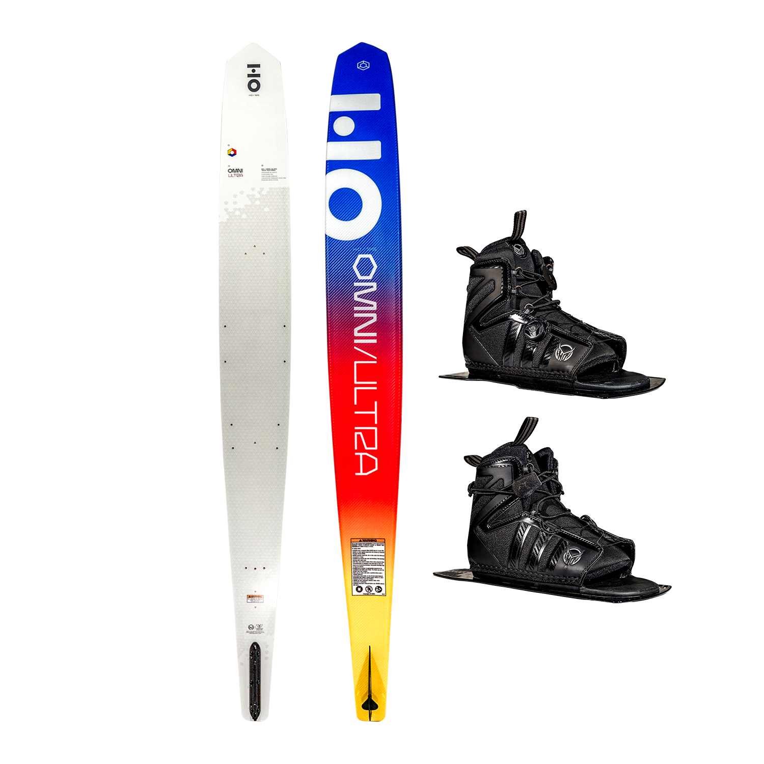 Side-by-side view of Omni Ultra White waterski with a gradient yellow-to-blue design and two black Stance 130 ATOP boots.