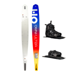 Side-by-side view of Omni Ultra White waterski with a gradient yellow-to-blue design, Stance 130 ATOP Front boot and ARTP.