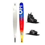 Side-by-side view of Omni Ultra White waterski with a gradient yellow-to-blue design, Stance 130 Front boot and ARTP.