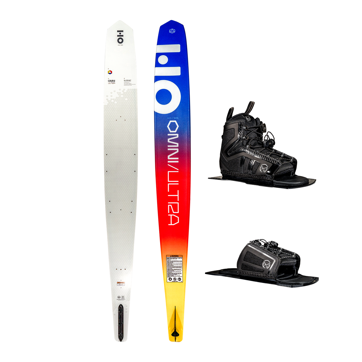 Side-by-side view of Omni Ultra White waterski with a gradient yellow-to-blue design, Stance 130 Front boot and ARTP.