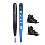 Side-by-side view of Omni Ultra waterski with a gradient blue base design, shown with Stance 110 Front and Rear boots.