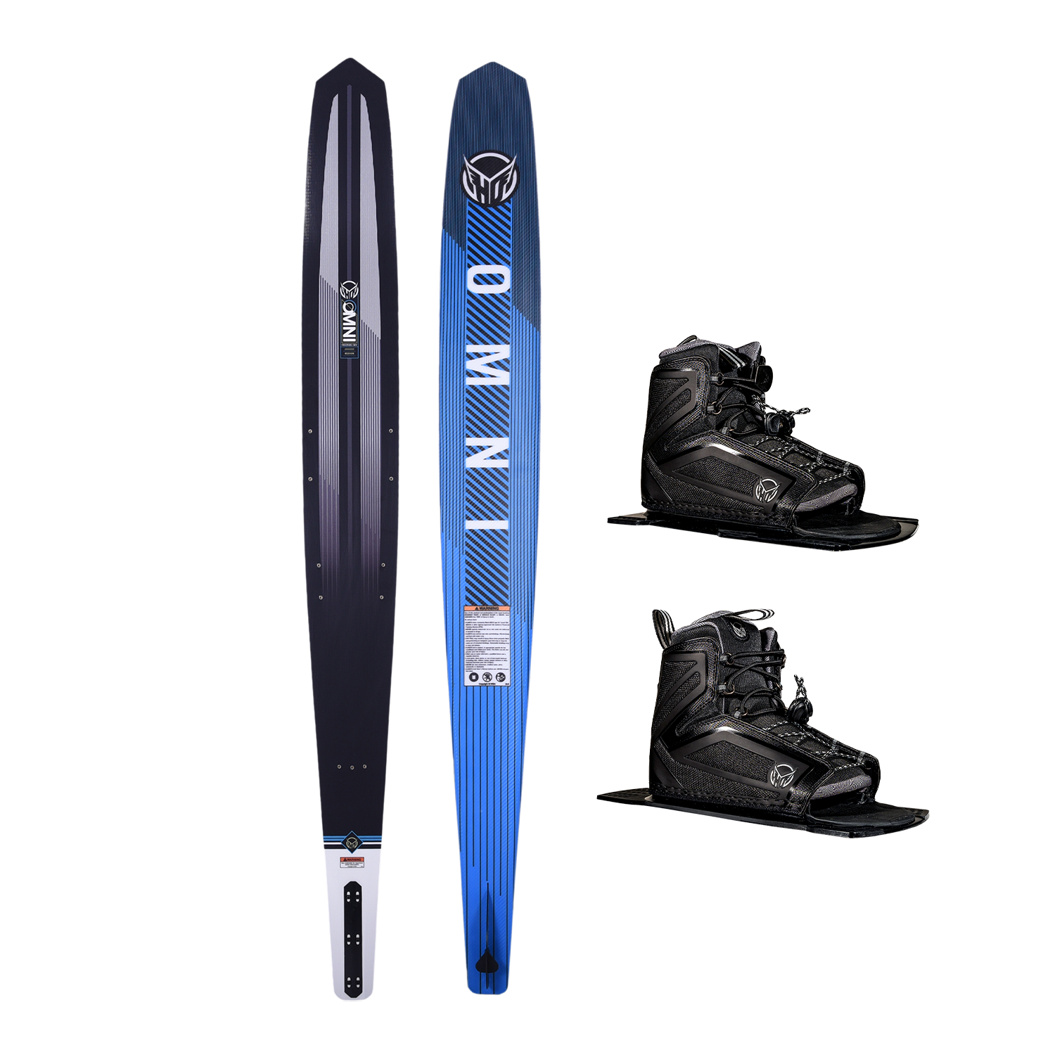 Side-by-side view of Omni Ultra waterski with a gradient blue base design, shown with Stance 110 Front and Rear boots.