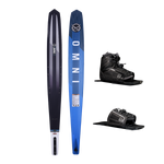 Side-by-side view of Omni Ultra waterski with a gradient blue base design, shown with Stance 110 Front boot and RTP.