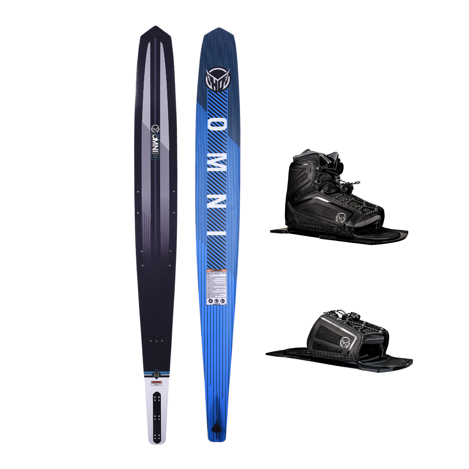 Side-by-side view of Omni Ultra waterski with a gradient blue base design, shown with Stance 110 Front boot and RTP.